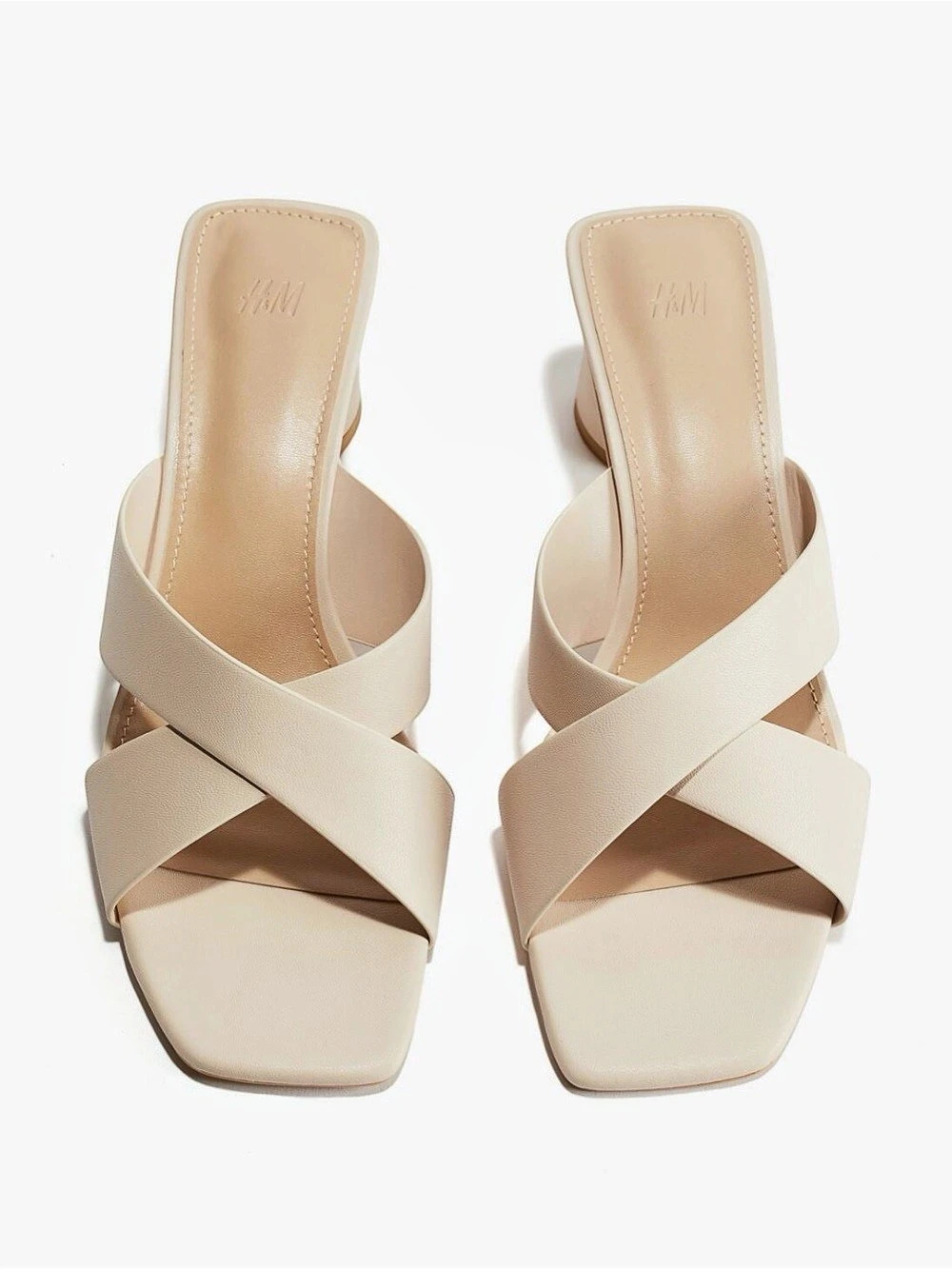 H&M Mules with Block Heels Cream Square Toe